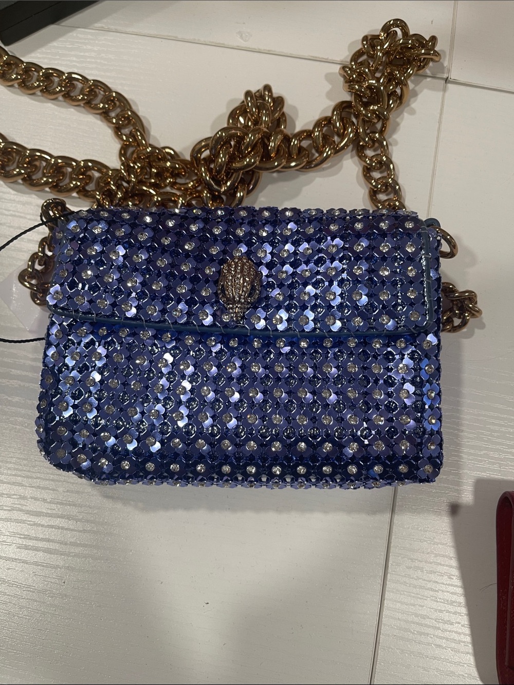 Kurt Geiger Blue Sequin Crossbody with Gold Chain